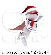 Poster, Art Print Of 3d White Super Hero Santa Man Flying With A Christmas Gift