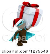 Poster, Art Print Of 3d Brown Super Hero Santa Man Holding Up A Giant Christmas Gift