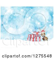 Poster, Art Print Of 3d Christmas Reindeer With Gifts In The Snow Over Blue Bokeh
