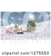 Poster, Art Print Of 3d Christmas Reindeer And Santa With Gifts And A Tree In The Snow