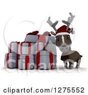 Poster, Art Print Of 3d Christmas Reindeer With Gifts Over White
