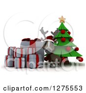 Clipart Of A 3d Christmas Reindeer With Gifts By A Tree Over White Royalty Free Illustration
