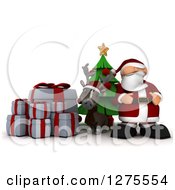 Poster, Art Print Of 3d Christmas Reindeer And Santa With Gifts And A Tree Over White
