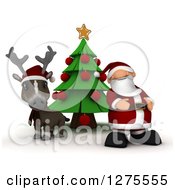 Poster, Art Print Of 3d Christmas Reindeer And Santa By A Tree On White