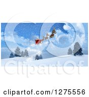 Poster, Art Print Of 3d Christmas Magic Reindeer Flying Santa In A Sleigh Over A Snowy Landscape
