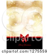Merry Christmas Greeting Under A Red Gift Bow On Black With Gold Snowflakes And Flares
