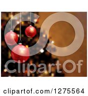 Poster, Art Print Of Background Of 3d Red Christmas Baubles Suspended Over Blurred Christmas Tree