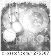 Clipart Of A Grayscale Christmas Background Of 3d Suspended Ornaments Over Bokeh Royalty Free Illustration