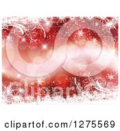 Red Christmas Background Of Bokeh Flares Bordered With White Snowflakes And Vines