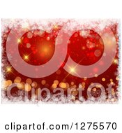 Poster, Art Print Of Red Christmas Background With Gold Bokeh And A Border Of Snowflakes