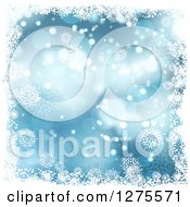 Poster, Art Print Of Blue Christmas Background Of Bokeh With White Snowflakes And A Border