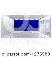 Poster, Art Print Of 3d Empty Room Interior With Floor To Ceiling Windows And A Dark Blue Wall