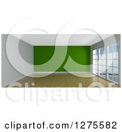Poster, Art Print Of 3d Empty Room Interior With Floor To Ceiling Windows Wood Floors And A Green Wall