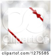 Clipart Of A 3d White Gift Box Top With A Red Bow Over Bokeh Flares Royalty Free Vector Illustration