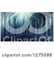 Clipart Of A 3d Dark Forest With Fog Snow And Light Shining Through Royalty Free Illustration by KJ Pargeter