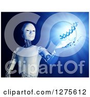 Poster, Art Print Of 3d Android Robot Holding Out A Hand Under A Floating Dna Strand With Shining Blue Light