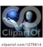 Poster, Art Print Of 3d Android Robot Holding Out A Hand Under A Glowing Blue Binary Code Globe On Black