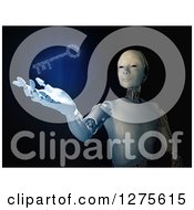 Poster, Art Print Of 3d Android Robot Holding Out A Hand Under A Glowing Blue Binary Code Key On Black