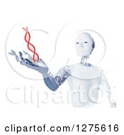 3d Android Robot Holding Out A Hand Under A Floating Red Dna Strand On White