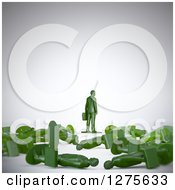 Clipart Of A 3d Successful Green Toy Business Man With Fallen Competitors Over Gray Royalty Free Illustration