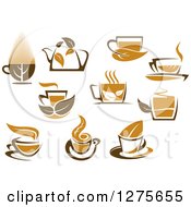 Clipart Of Leafy Brown Tea Cups And Kettles 3 Royalty Free Vector Illustration
