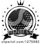 Clipart Of A Gradient Grayscale Golf Ball In A Star Circle With A Crown And Blank Banner Royalty Free Vector Illustration
