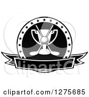 Clipart Of A Black And White Golf Ball Clubs And Trophy In A Star Circle Over A Banner Royalty Free Vector Illustration