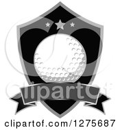 Clipart Of A Grayscale Golf Ball And Star Shield With A Banner Royalty Free Vector Illustration