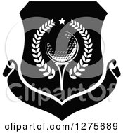 Clipart Of A Black And White Golf Ball Shield With A Banner Royalty Free Vector Illustration