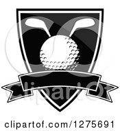 Clipart Of A Grayscale Golf Ball Clubs Shield With A Blank Banner Royalty Free Vector Illustration