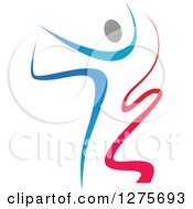 Poster, Art Print Of Gradient Blue And Red Ribbon Dancer In Action Kicking One Leg Up And Behind