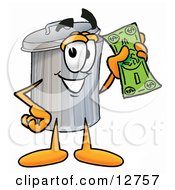Garbage Can Mascot Cartoon Character Holding A Dollar Bill