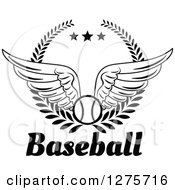 Clipart Of A Black And White Winged Baseball In A Wreath With Stars Over Text Royalty Free Vector Illustration