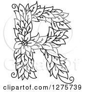 Clipart Of A Black And White Floral Capital Letter R With A Flower Royalty Free Vector Illustration