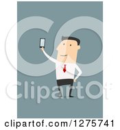 Poster, Art Print Of White Businessman Holding Up A Smart Phone Over Blue