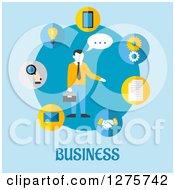 Clipart Of A Businessman In A Circle Of App Icons On Blue Royalty Free Vector Illustration