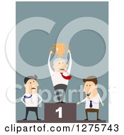 Clipart Of A White Businessman Holding Up A Trophy With Competitors Over Blue Royalty Free Vector Illustration