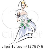 Poster, Art Print Of Blond White Bride In A Periwinkle Dress With Pink Flowers