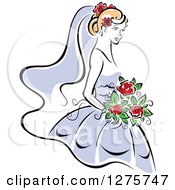 Poster, Art Print Of Blond Bride In A Periwinkle Dress With Red Flowers