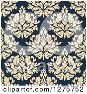 Poster, Art Print Of Seamless Pattern Background Of Beige Damask On Navy Blue
