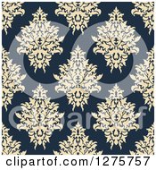 Poster, Art Print Of Seamless Pattern Background Of Beige Damask On Navy Blue 2