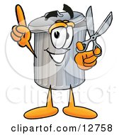 Garbage Can Mascot Cartoon Character Holding A Pair Of Scissors