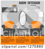 Clipart Of A Gray And Orange Living Room Interior With Text Royalty Free Vector Illustration by Vector Tradition SM