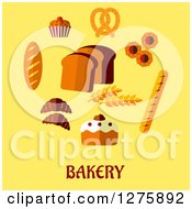 Clipart Of Breads And Baked Goods Over Bakery Text On Yellow Royalty Free Vector Illustration