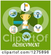 Clipart Of A Hand Holding A Trophy In A Circle Of Icons Over Achievement Text On Green Royalty Free Vector Illustration