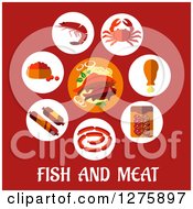 Poster, Art Print Of Plate Of Sea Food In A Circle Of Icons Over Fish And Meat Text On Red