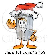 Garbage Can Mascot Cartoon Character Wearing A Santa Hat And Waving