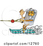 Garbage Can Mascot Cartoon Character Waving While Water Skiing