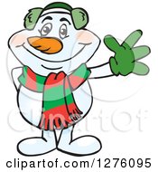 Poster, Art Print Of Friendly Waving Snowman In A Scarf And Ear Muffs