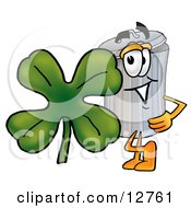 Garbage Can Mascot Cartoon Character With A Green Four Leaf Clover On St Paddys Or St Patricks Day